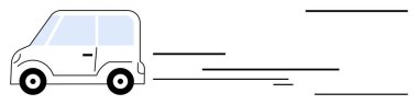 Hız ve hareketi vurgulayan hız çizgileri olan küçük beyaz araba hareket halinde. Ulaşım, hız, dağıtım, verimlilik, modern şehir yaşamı, sürdürülebilirlik, basit düz metafor için ideal