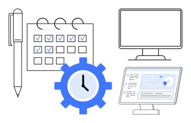 Çalışma akışı yönetimi, programlama, verimlilik araçları, zaman izleme, dijital organizasyon, hedef belirleme. Kontrol işaretli takvim, saat dişli bilgisayar ekranları. Zaman izleme ve üretkenlik araçları
