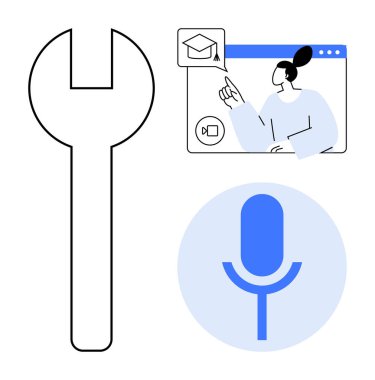 Çevrimiçi eğitim, sanal öğrenme, iletişim araçları, profesyonel webinarlar, teknik destek, uzaktan işbirliği. İngiliz anahtarı, mikrofoncu kadın ekrandaki mezuniyet şapkasını işaret ediyor. Çevrimiçi eğitim