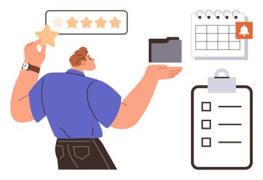 Beş yıldızlı bir değerlendirme paneliyle çevrili bir yıldız ve klasör tutan bir adam. Hatırlatma ve kontrol listesi olan bir takvim. Üretim, organizasyon, görev yönetimi, kalite değerlendirmesi ve planlama için ideal