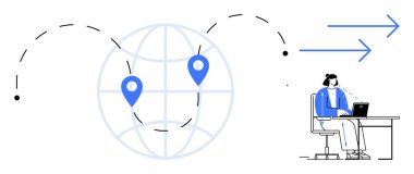 Küresel iletişim kavramı. Bir dünya üzerindeki haritalanmış konumlarla küresel etkileşim ve uzaktan kumanda. Uzak çalışma, teknoloji hizmetleri, ağ, eğitim ve strateji için küresel iletişim