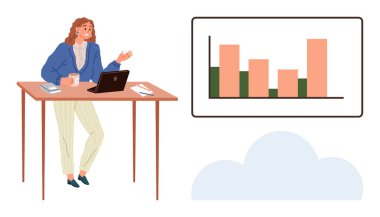 Dizüstü bilgisayarı ve kahvesi olan bir kadın ekrandaki bar çizelgesi büyüme verilerini inceliyor. İş analizi, takım çalışması, girişimcilik, uzaktan çalışma, üretkenlik, veri eğilimleri, basit düz çalışma