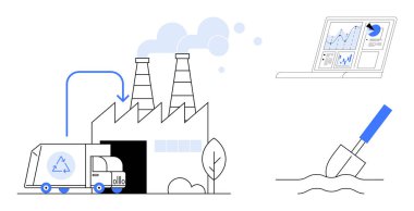 Çevresel sürdürülebilirlik, kirlilik kontrolü, endüstriyel süreçler, geri dönüşüm, atık yönetimi, çevre dostu uygulamalar. Duman yayan bir fabrika, geri dönüşüm kamyonu veri grafikleri ve mala. İsraf.