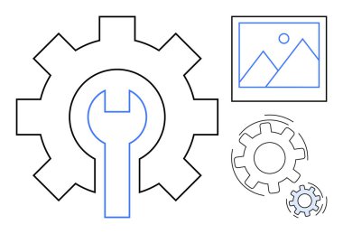 Bakım, kişiselleştirme, sistem araçları, fotoğraf düzenleme, mühendislik kavramları, dijital tasarım. Görüntü ikonlu bir vites ve anahtar. Bakım ve kişiselleştirme kavramı