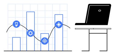 Mevsimsel eğilimler, veri analizleri, iş performansı, tahminler, teknoloji, dijital aletler. Simge mevsimleri ve dizüstü bilgisayarı olan bir bar tablosu. Mevsimsel eğilimler ve veri analizi kavramı