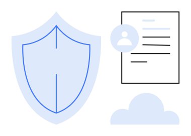 Veri gizliliği, siber güvenlik, bulut depolama, kimlik doğrulama, kişisel bilgi güvenliği, çevrimiçi kimlik doğrulama. Kalkan, profil bulut simgesi olan belge. Veri gizliliği ve siber güvenlik