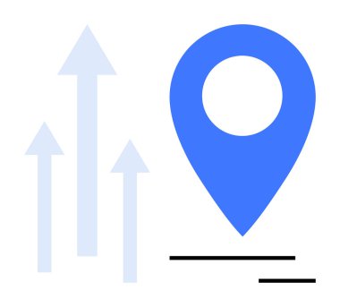 İş büyümesi, piyasa genişlemesi, konum hizmetleri, navigasyon, ilerleme izleme, veri analizleri. Yukarıdaki oklar mavi lokasyon iğnesinin yanında. İş büyümesi ve piyasa genişlemesi kavramı