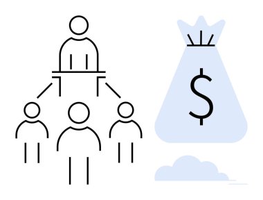 Lider ve ekibin finansal büyüme sembolüne bağlı olduğu hiyerarşik kurumsal yapı. Takım çalışması, iş yönetimi, yatırım stratejisi, zenginlik yönetimi, mali planlama için ideal