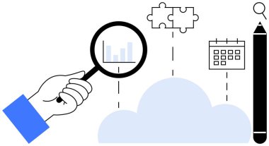 El ele tutuşan büyüteç veri grafiği, bulmaca parçaları, takvim, kalem. Analiz, araştırma, planlama, problem çözme, organizasyon beyin fırtınası teknolojisi için ideal.