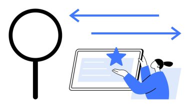 Veri analizi, dijital araçlar, çevrimiçi araştırma, iletişim, arama işlemleri, teknoloji. Büyüteç, tablet okları ve cihazla etkileşen insan. Çevrimiçi araştırma ve veri analizi