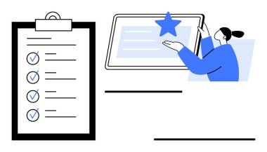 Üretim araçları, kalite kontrol, görev yönetimi, iş akışı otomasyonu, kullanıcı onayı, dijital süreçler. İşaretli bir kontrol listesi ve tabletle etkileşen bir kullanıcı. Üretim araçları ve görevi