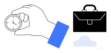 Zaman yönetimi, iş hayatı dengesi, kariyer başarısı, görev öncelikleri, organizasyon, verimlilik. Çantanın ve bulutun yanında el ele tutuşan saat. Zaman yönetimi ve iş hayatı dengesi kavramı