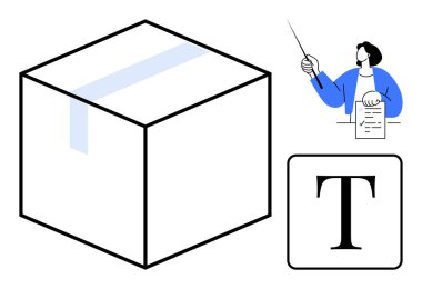 Bir raporu işaret eden minimalist tasarım, bir 3D küp ve eğitim, öğrenme, tasarım, sunum, yaratıcılık, tipografi, basit düz metafor için ideal T harfi.