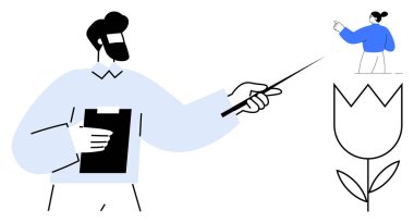 İş eğitimi, takım çalışması, büyüme, yaratıcılık, sunum, işbirliği. Elinde bir pano tutan adam bir lale ve başka bir figüre bakıyor. İş eğitimi ve takım çalışması kavramı