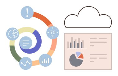 Dairesel ilerleme tablosu, analitik simgeler, pasta ve bar grafikleri ve bulut sembolü görsel veri ve dijital depolama. Analiz için ideal, bulut teknolojisi, ilerleme takibi, dijital