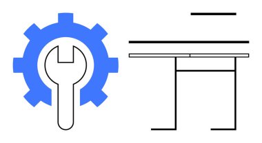 Mühendislik, endüstriyel gelişim, mekanik aletler, yenilik, inşaat, onarım. İngiliz anahtarı ikonu ve yapısal tasarım çizgileri olan bir vites. Teknik olarak mühendislik ve endüstriyel gelişim