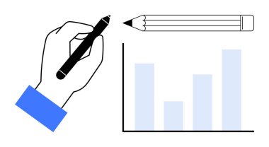 Veri görselleştirme, yaratıcı planlama, iş analizi, raporlama, istatistik, verimlilik. Kalem ve çizelgeyle el ele tutuşmak. Veri görselleştirme ve yaratıcı planlama kavramı