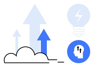Bulut büyüme konsepti. Oklar, bulutlar ve fikirler yenilik ve teknoloji ölçeklemesini tasvir eder. Bulut bilgisayarı iş ilerlemesini, veri dönüşümünü ve dijital gelişimi destekler. yenilik