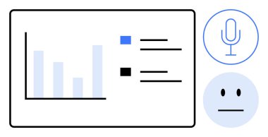 Pazar araştırmaları, veri analizleri, geri bildirim sistemleri, ses etkinleştirme, iş sezgileri, anketler. Çizgileri olan bar çizelgesi, mikrofon simgesi yüz simgesi. Veri analizi ve geri besleme sistemleri kavramı