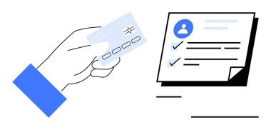 Belgelerin yanında profil detayları ve işaretlerle el ele tutuşma kartı. Ödeme, finans, kimlik doğrulama, işlem, kimlik doğrulama, onay süreci dijital kayıtları için idealdir. Basit düz