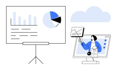 Veri analiz konsepti. Hedef izleme ve içgörü için grafik ve grafiklerle veri analizi. Sunumlar, sanal toplantılar, eğitim ve iş stratejileri için veri analizi