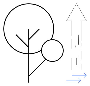 Büyüme, sürdürülebilirlik, ilerleme, yön, doğa, yenilik. Yukardaki okun yanında daireler ve çizgiler olan soyut ağaç. Büyüme ve sürdürülebilirlik görselleştirme, ilerleme belirtileri ile