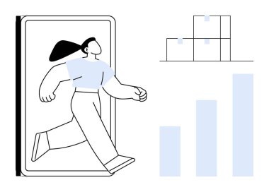 İş büyümesi konsepti. Grafik, envanter yönetimi ve dijital çerçeve ile vurgulanmış bir iş. Veriler ve lojistik ile iş stratejisi. Analiz, e-ticaret ve planlama için.