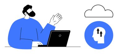 Bulut hesaplama. Bulut bilgisayarı, çevrimiçi çalışan ve teknolojiyle etkileşim halinde olan bir insanla resmedilir. Bulut hesaplaması üretkenliği, e-öğrenmeyi ve iş süreçlerini artırır. Uygun.