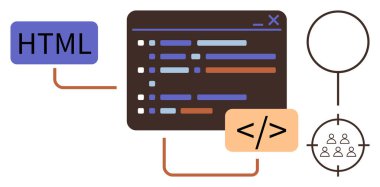 HTML, söz dizimi çizgileri, kodlama etiketleri ve hedef izleyici sembolü olan kod düzenleyici. Web tasarımı, geliştirme, programlama, kodlama öğrenme, yazılım kullanıcı merkezli basit düz tasarım için ideal