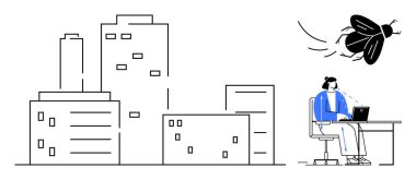 İş yeri senaryosu. Çalışan bir çalışanın uçan bir böcekle uğraşırken iş yaptığını gösteren bir işyeri. İş yeri verimliliği, şehir ofis hayatı, iş yerinde dikkat dağıtıcı şeyler, modern şirket mizahı. Kullanılabilir