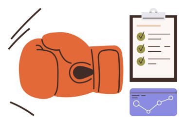 Eylem sembolü olarak boks eldiveni, organizasyon için pano, ilerleme takibi için çizelge. Takım çalışması, spor, strateji, planlama, amaç üretkenliği rekabetçi bir ruh haline getirmek için ideal. Basit düz