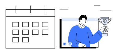 Bir perdeden ödül sunan adam, bir takvimin yanına yerleştirilmiş başarıyı ve tanınmayı simgeliyor. Üretkenlik, ödüller, hedef belirleme, zaman yönetimi, etkinlik zamanlaması, motivasyon için ideal