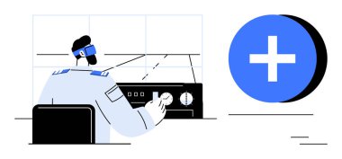 Havacılık kontrol konsepti. Bir pilot, sistemlere ve navigasyona odaklanarak uçak kontrollerini yönetir. Havacılık güvenlik araçları ve navigasyon görüntülendi. Teknoloji, havacılık, mühendislik ve güvenlik için ideal