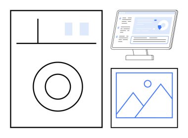 Veri görselleştirme, analitik, dijital arayüzler, modern teknoloji, soyut kavramlar, kullanıcı arayüzü tasarımı. Bilgisayar ekranı, veri grafiği ve yaratıcı elementlerle minimalist bir kompozisyon