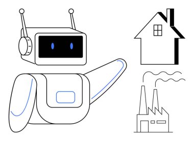 Otomasyon, robot bilimi, teknoloji entegrasyonu, endüstriyel süreçler, akıllı evler, yenilik. Ev ve fabrikayı gösteren bir robot. Endüstride otomasyon ve robotlar ve akıllı ev kavramları
