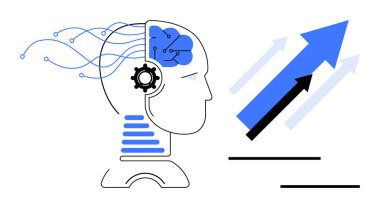 Beyin devresi, dişli ve okların yakınındaki bağlı çizgiler yukarı doğru büyüdüğünü gösteriyor. Yapay zeka, makine öğrenimi, yenilik, üretkenlik, teknoloji, fütürizm için idealdir.