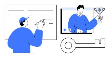 Beyaz tahtaya yazı yazan bir adam, video görüşmesinde kupa tutan bir adam ve sanal eğitimi, çevrimiçi etkileşimi ve başarıyı temsil eden anahtar bir ikon. E-öğrenme, uzaktan çalışma ve takım için ideal