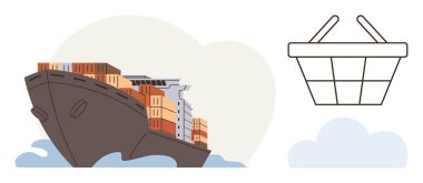 Okyanus dalgaları üzerinde bir alışveriş sepetinin yanında nakliye konteynırları olan kargo gemisi. Ticaret, ticaret, lojistik, küresel ekonomi, ithalat, ulaşım, tüketim için idealdir. Basit düz metafor