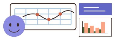 Veri noktaları, bar tablosu ve büyümeyi, performansı ve olumlu geri bildirimi sembolize eden mutlu yüz çizelgesi. Veri analizi, iş büyümesi, geri bildirim, başarı raporları sunumları için ideal