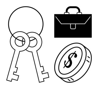 İş güvenliği, mali yönetim, yatırım stratejisi, şirket operasyonları, zenginlik koruması, ekonomik araçlar. İçinde anahtarlar, bir çanta ve bir dolar para var. İş güvenliği ve mali