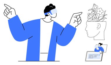 VR kulaklık takan, çiçekli yan profil kafası yaratıcılığı sembolize eden, bireysel okuma tableti olan biri. Teknoloji, yenilik, eğitim, yaratıcılık, gelecek ve dijital için ideal