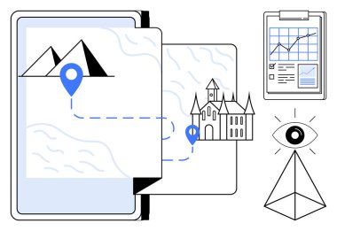Seyahat planlama, seyrüsefer, turizm, analitik, yer belirleme, vizyon. Yollu harita, dağların varış noktaları simgeleri. Seyahat planlama ve seyrüsefer kavramı