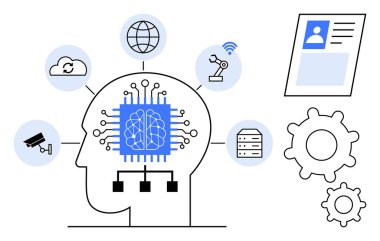 Yapay zeka. Yenilik için yapay zeka ikonlarına, otomasyonlara ve dijital teknoloji sistemlerine sahip sinirsel ağ. Robotlara güç veren yapay zeka, otomasyon, veri sistemleri ve IOT. içerme