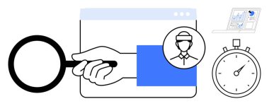 İş analizleri, kimlik doğrulama, personel yönetimi, zaman izleme, siber güvenlik, verimlilik araçları. El ele tutuşan büyüteç arayüzün üzerinde. Kimlik doğrulama ve çalışan