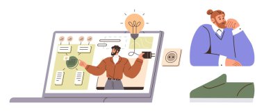 İnsan problem çözme ve iş akışı üzerine sanal bir sunum izlerken yenilikleri yansıtıyor. Beyin fırtınası, e-öğrenme, yaratıcılık, yenilik, uzaktan çalışma, takım işbirliği için ideal