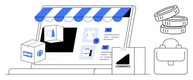 E-ticaret, online alışveriş, dijital pazarlama, perakende satış, çevrimiçi işlemler, para yönetimi. Bir dizüstü bilgisayar paketler, madeni paralar ve alışveriş elemanlarıyla bir mağaza önü gösterir. E-ticaret
