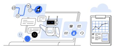 İş otomasyonu, yapay zeka teknolojisi, veri analizi, müşteri hizmetleri, iletişim trendleri, iş akışı yönetimi. Konuşma baloncukları ve ikonları olan dijital sohbet robotu. İş otomasyonu ve yapay zeka teknolojisi