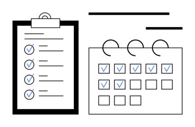 Hedef belirleme, zaman yönetimi, planlama, üretkenlik, görev organizasyonu, iş akışı öncelikleri. İşaretli görevleri olan bir kontrol listesi ve takvim. Hedef belirleme ve zaman yönetimi kavramı