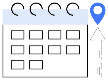 Program, etkinlik planlaması, zaman yönetimi, iş organizasyonu, kişisel verimlilik, ilerleme takibi. Üzerinde konum kodu ve yukarı doğru ok olan bir takvim. Zamanlama ve etkinlik planlama kavramı