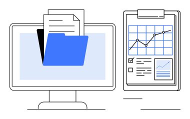 İş verileri, organizasyon, analitik, verimlilik, iş akışı, takım işbirliği. Ekrandaki mavi klasör ve dosyalarla dolu bir pano. Veri organizasyonu ve analitik kavramı